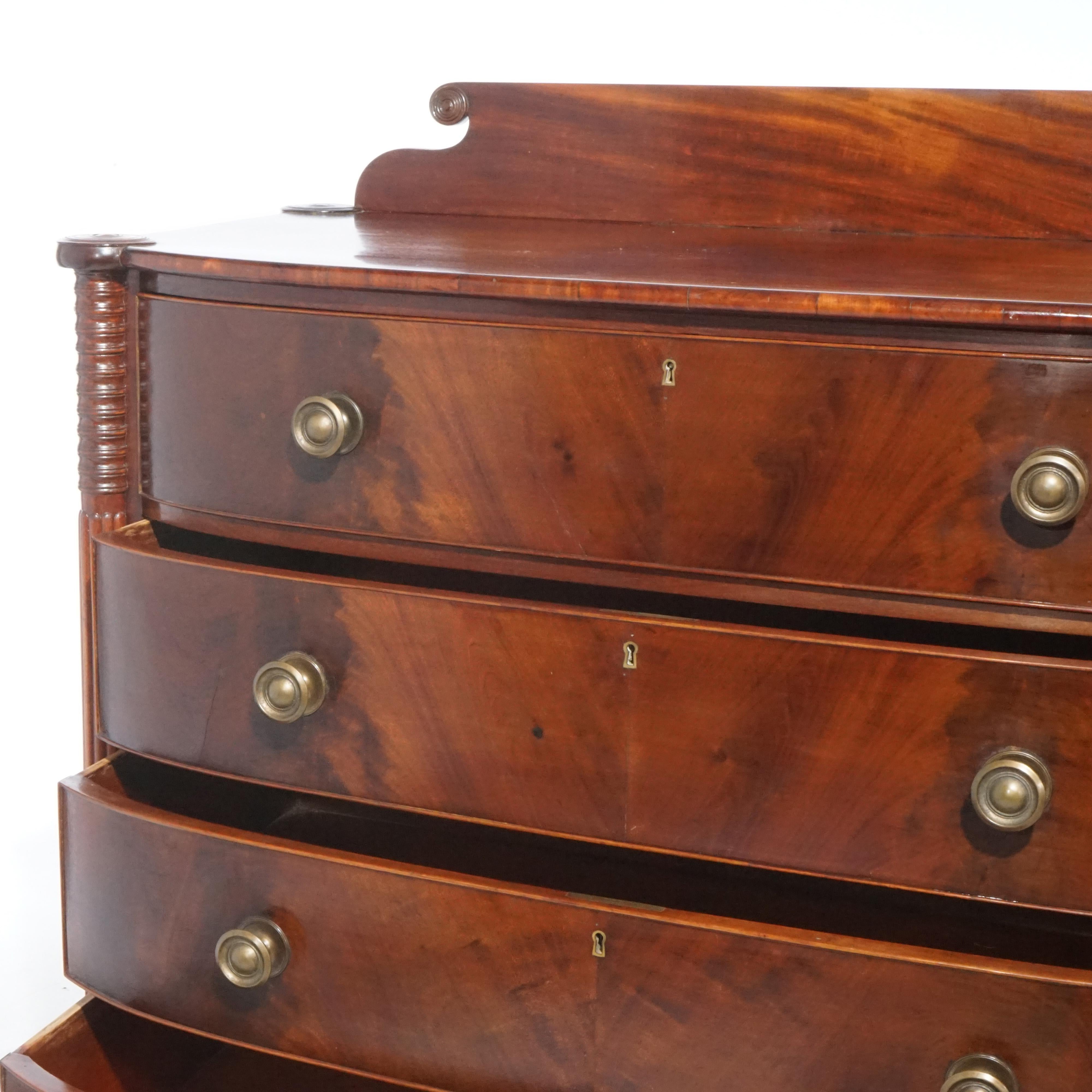 American Antique Sheraton Mahogany & Flame Mahogany Swell Front & Reeded Leg Chest, c1820