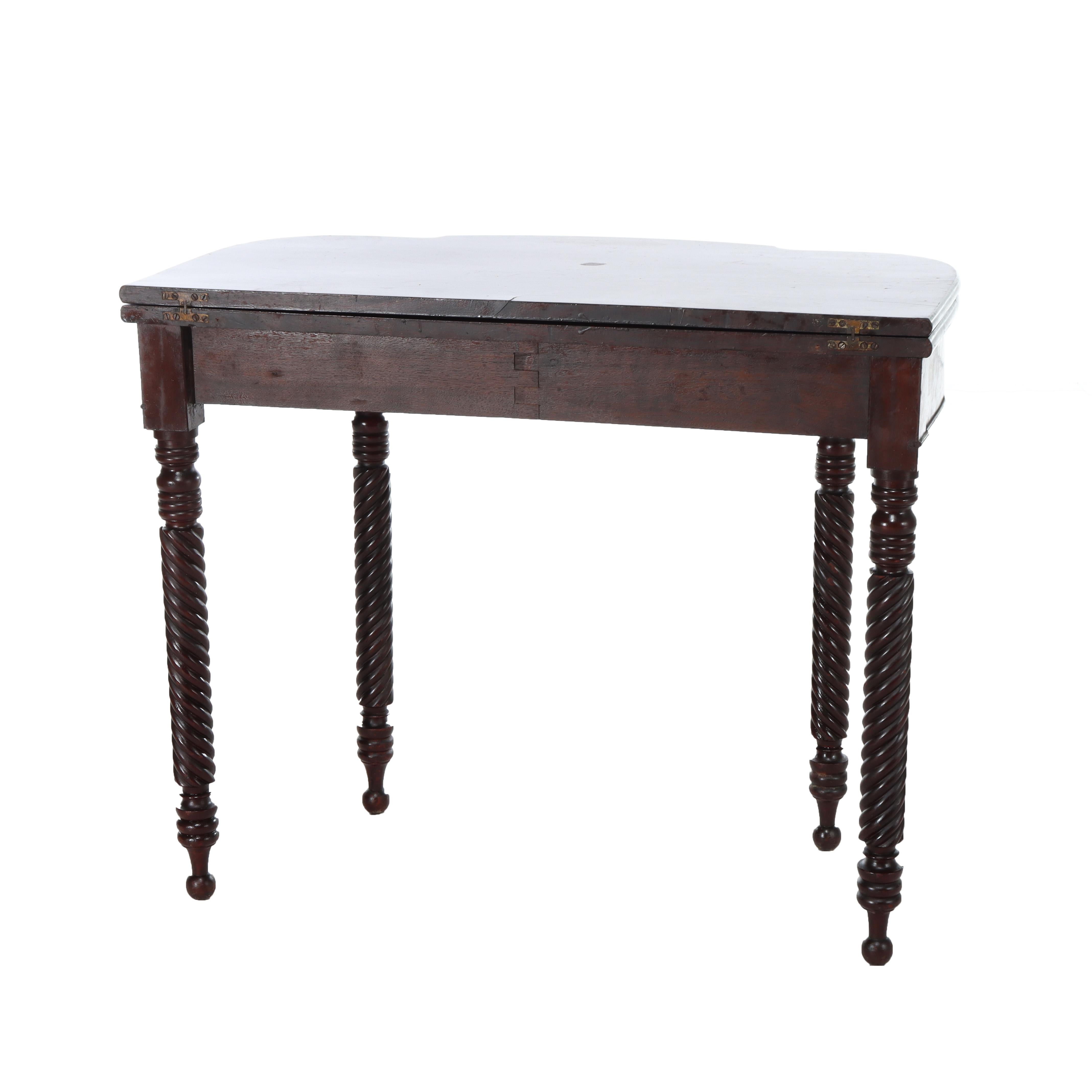 Antique Sheraton Mahogany Game Table With Rope Carved Legs Unsigned For Sale 9