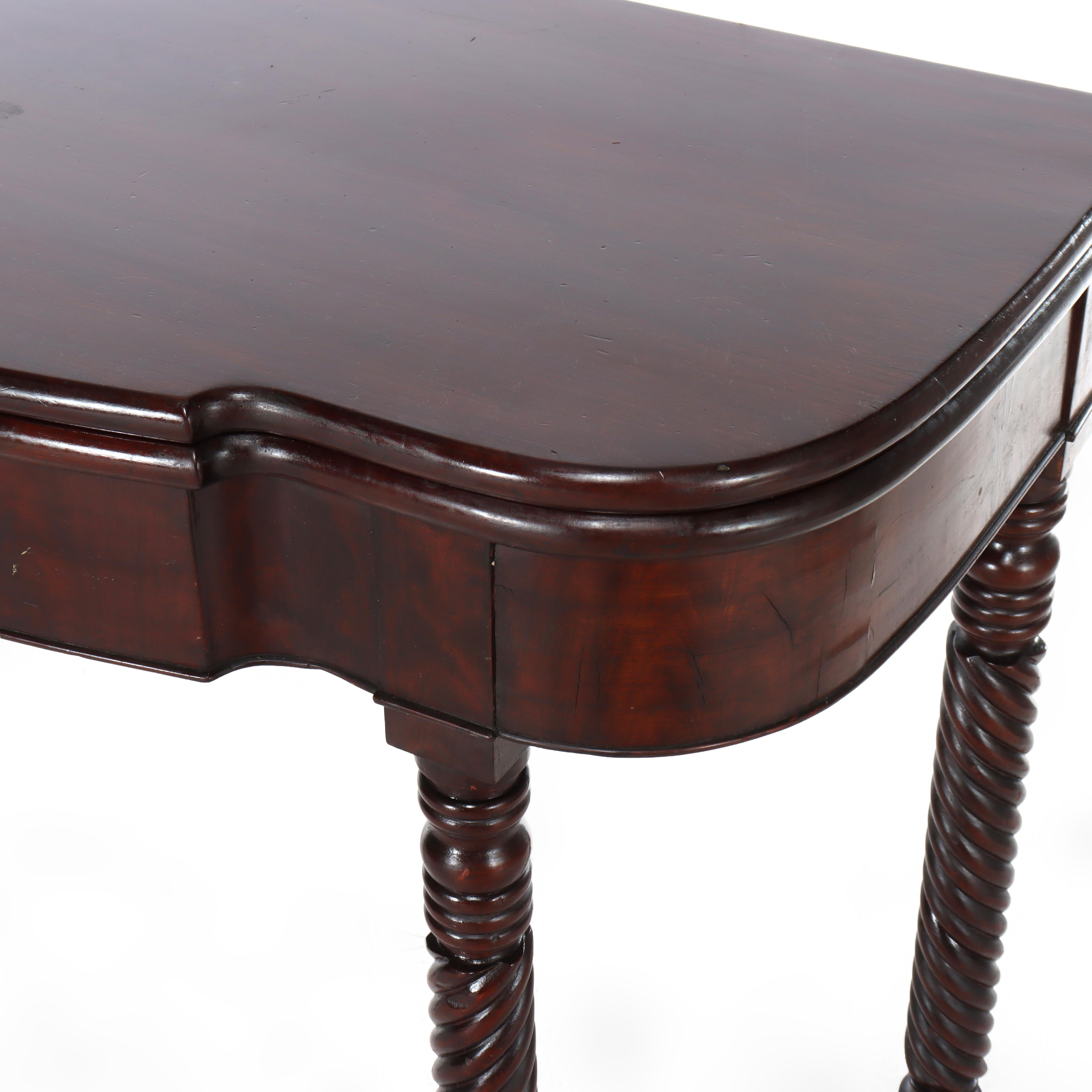 19th Century Antique Sheraton Mahogany Game Table With Rope Carved Legs Unsigned For Sale
