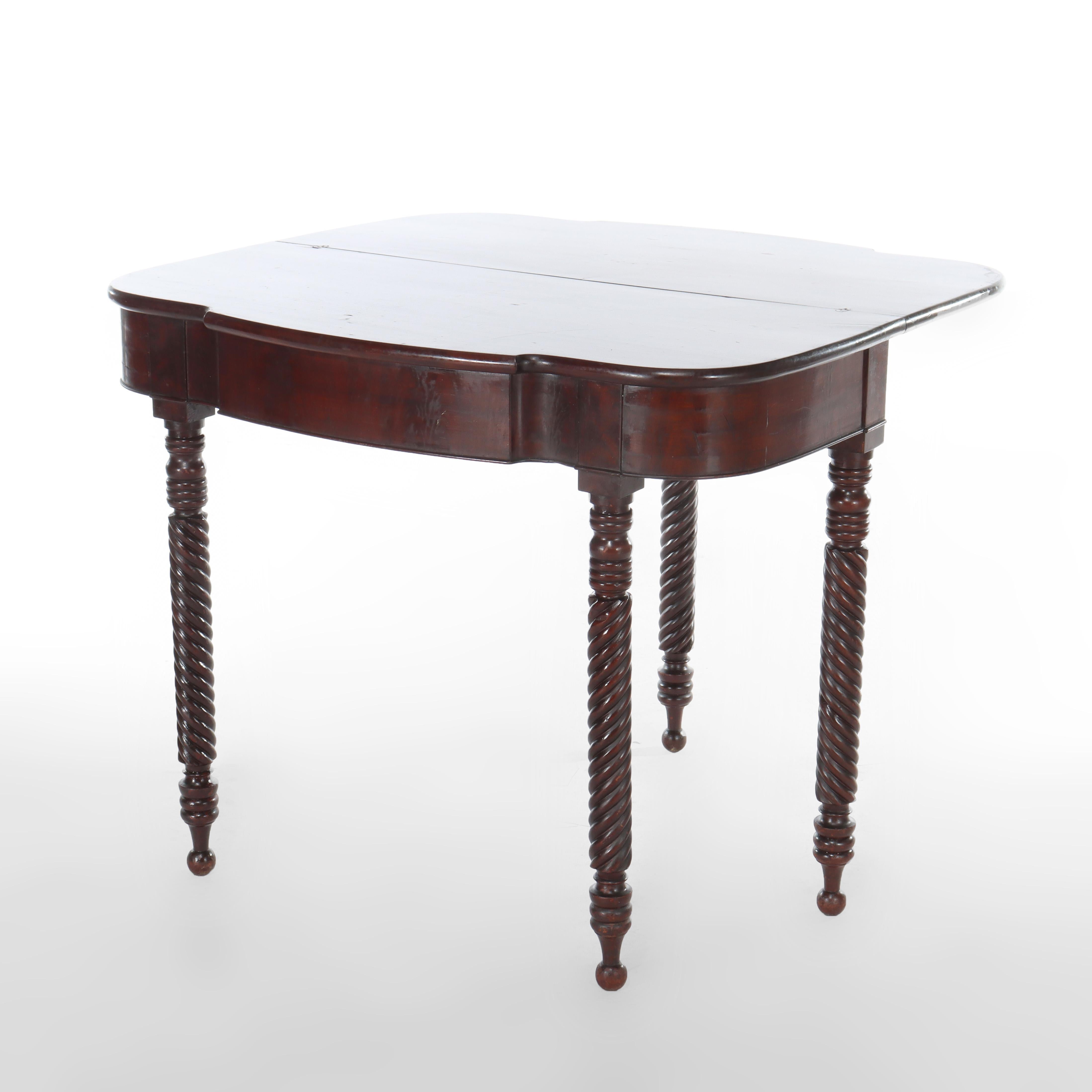 Antique Sheraton Mahogany Game Table With Rope Carved Legs Unsigned For Sale 1