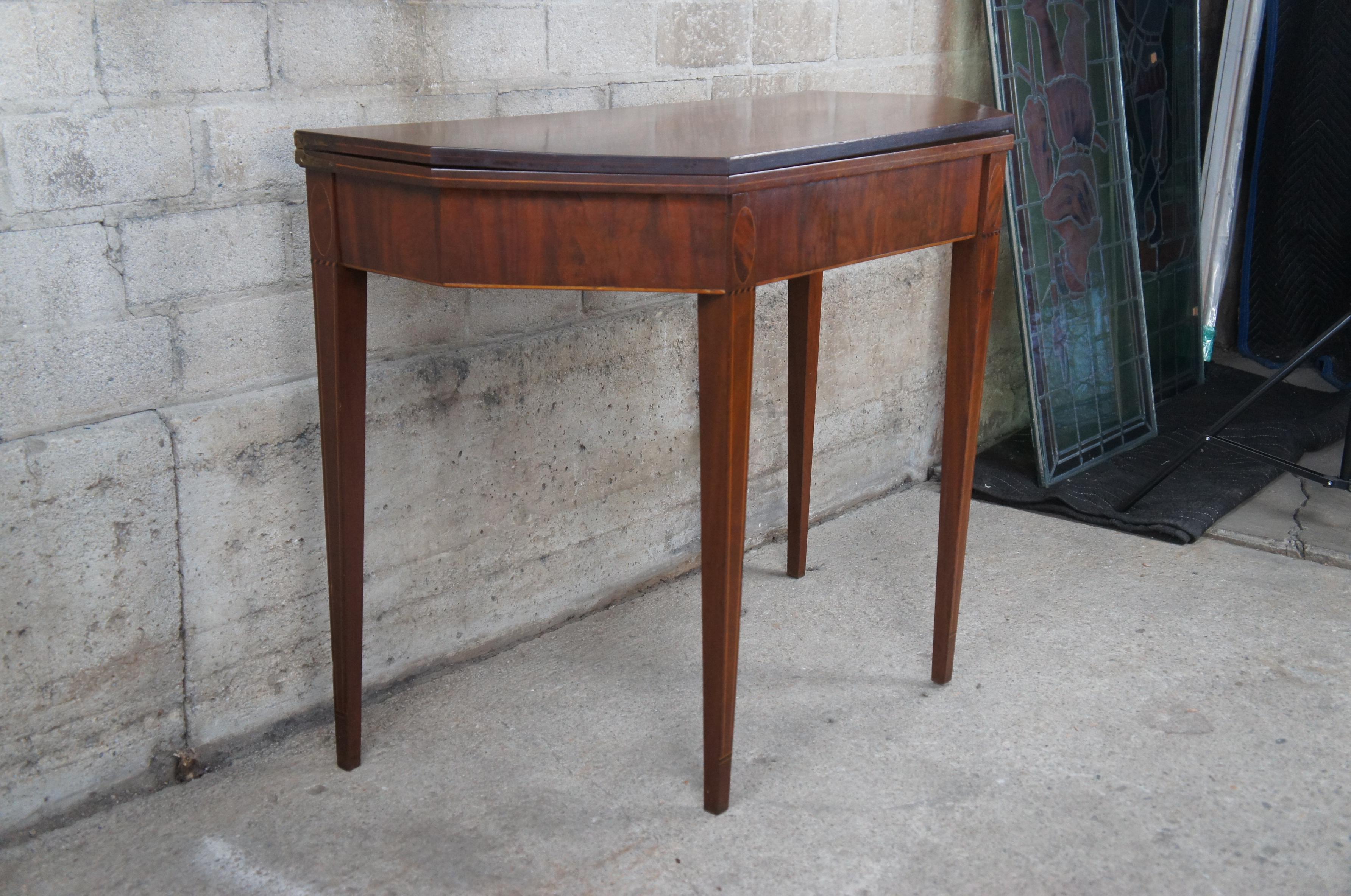 Antique Sheraton Mahogany Inlaid Octagonal Flip Top Game Card Tea Console Table For Sale 3