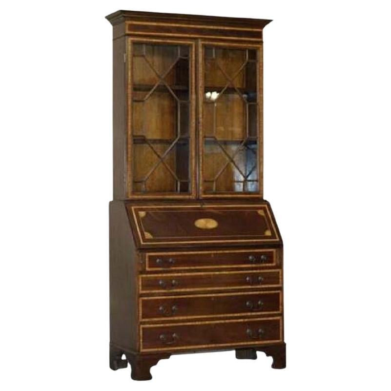 ANTIQUE ANTIQUITÉ SHERATON REVIVAL BUREA BOOKCASE EN CUIR HARDWOOD WALNUT & SATiNWOOD