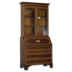 Antique Sheraton Revival Burea Bookcase Leather Top Hardwood Walnut & Satinwood
