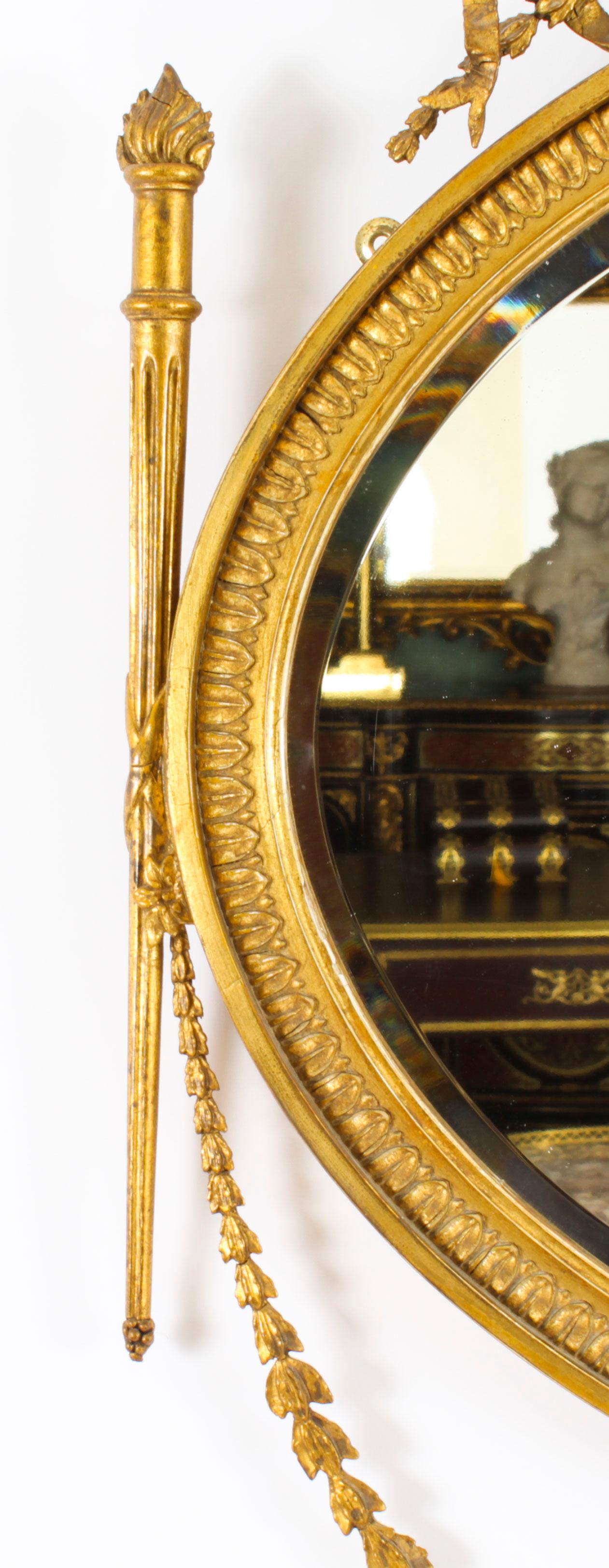 Mid-19th Century Antique Sheraton Revival Hand Carved Giltwood Oval Mirror 19th Century