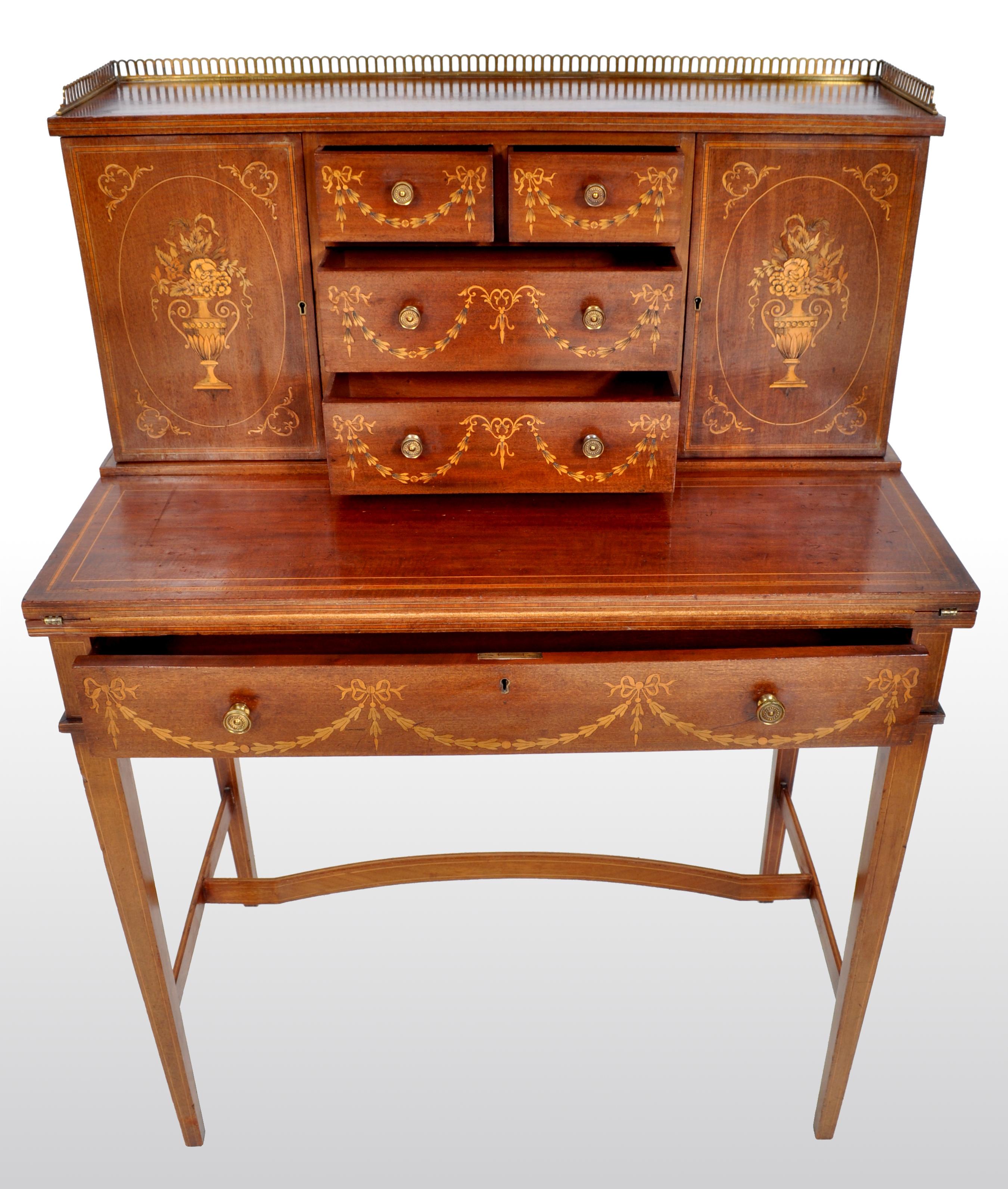 Antique Sheraton Revival Inlaid Mahogany Desk / Writing Table, circa 1895 1