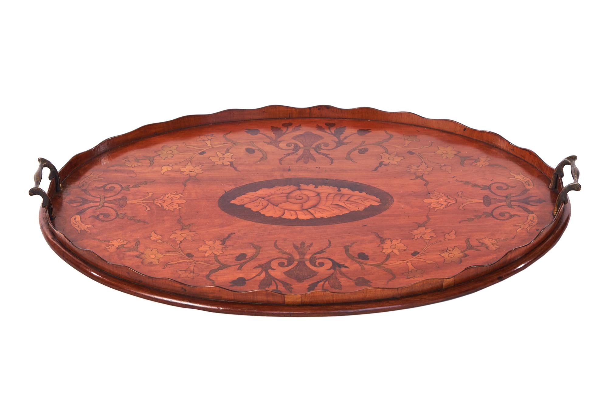 Antique Sheraton revival oval satinwood inlaid serving tray having beautiful intricate inlay of scrolls, foliage and petals with an inlaid conch shell to the centre. It has the original brass shaped carrying handles and is in wonderful original