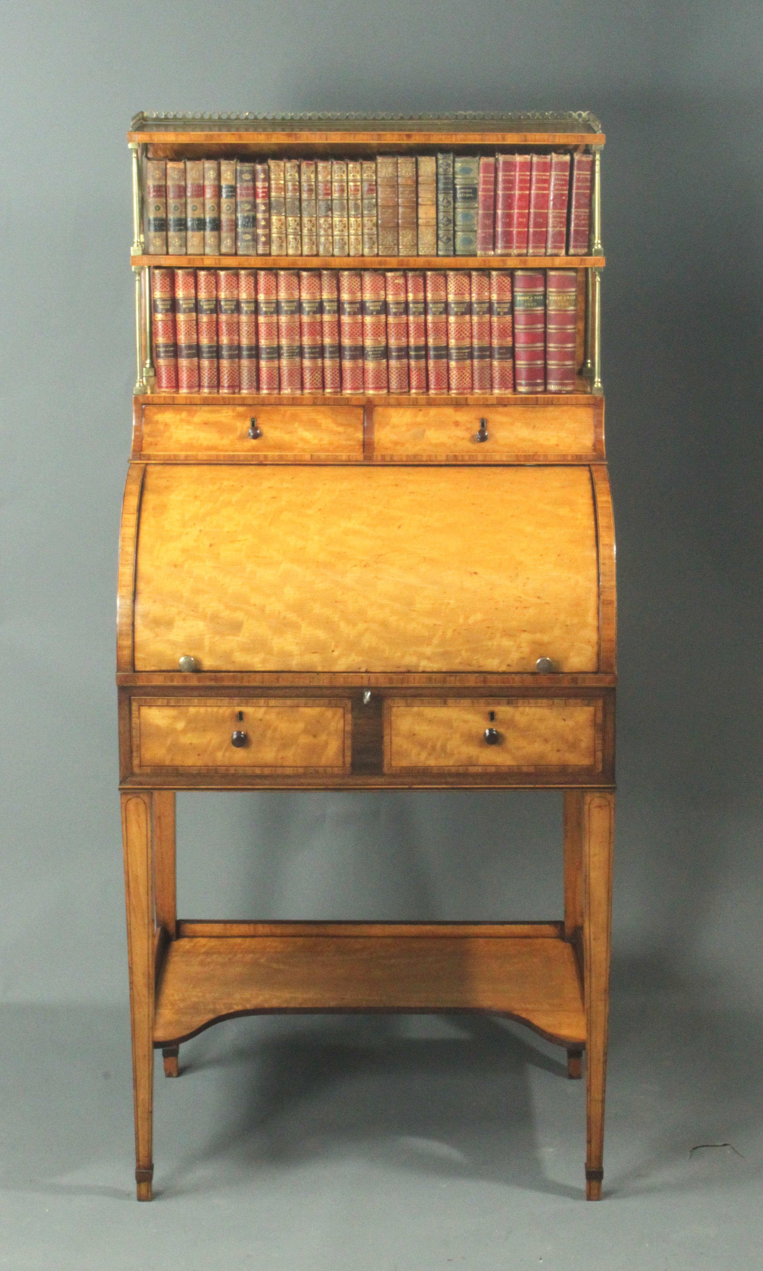 English Antique Sheraton Satinwood Cylinder Bookcase For Sale