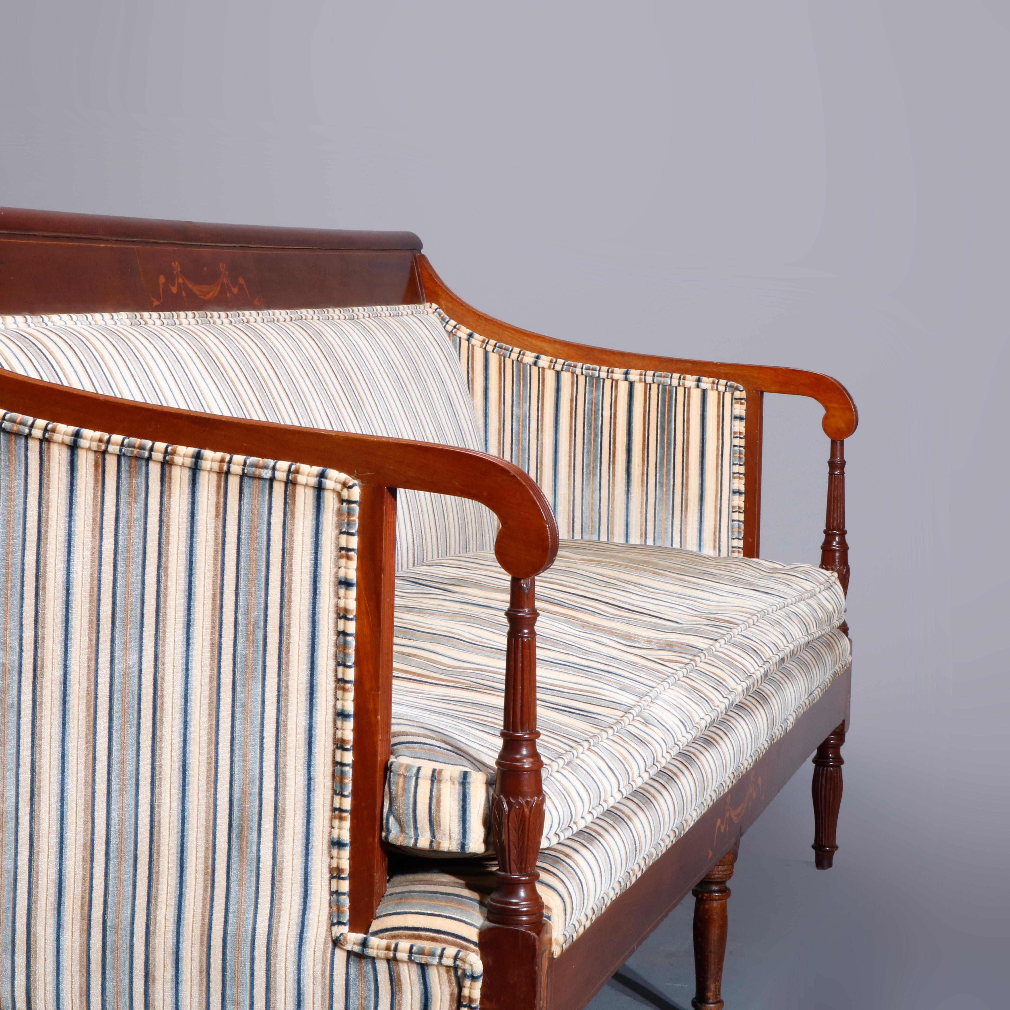Upholstery Antique Sheraton Satinwood Inlaid Mahogany Sofa, C1820