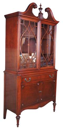 Antique Sheraton Style American Mahogany China Display Curio Cabinet Fretwork