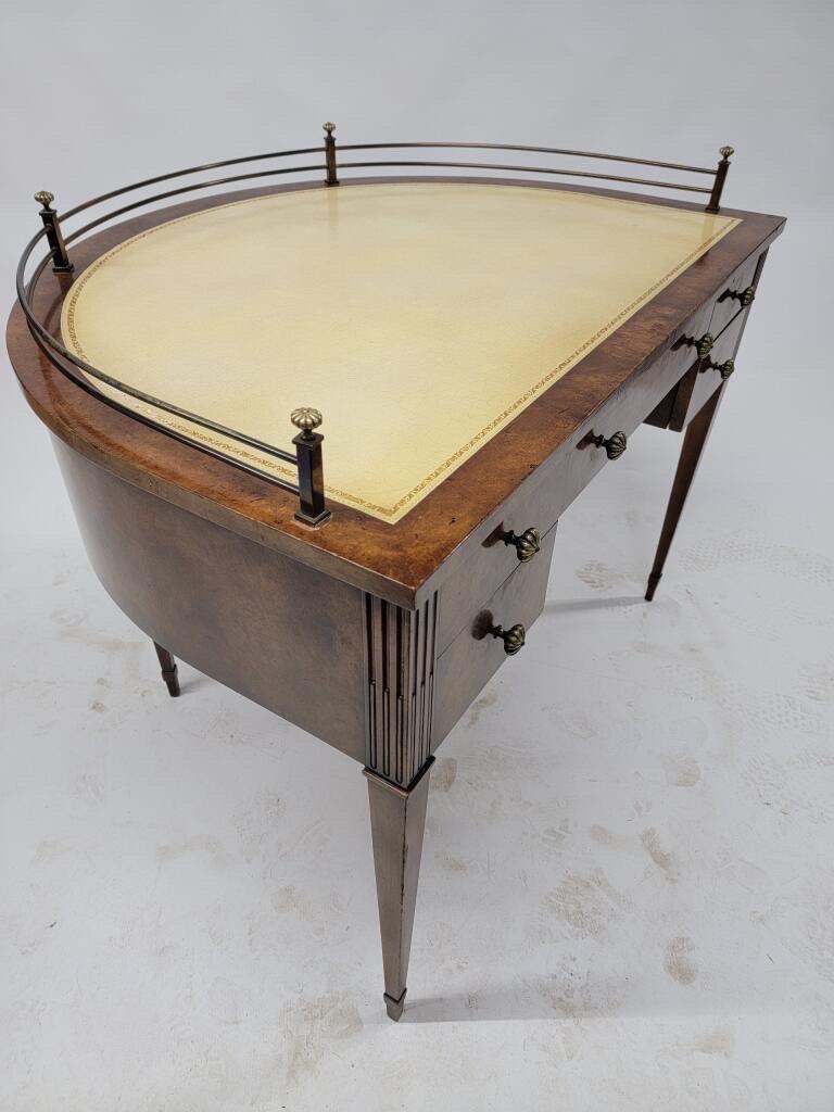 Antique Sheraton Style Burlwood Posted Brass Gallery Crescent Writing Desk In Good Condition For Sale In Chicago, IL
