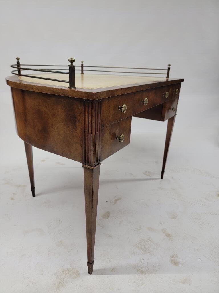 Early 20th Century Antique Sheraton Style Burlwood Posted Brass Gallery Crescent Writing Desk For Sale