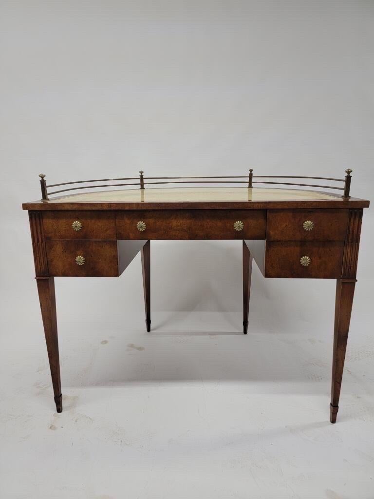 Antique Sheraton Style Burlwood Posted Brass Gallery Crescent Writing Desk For Sale 1