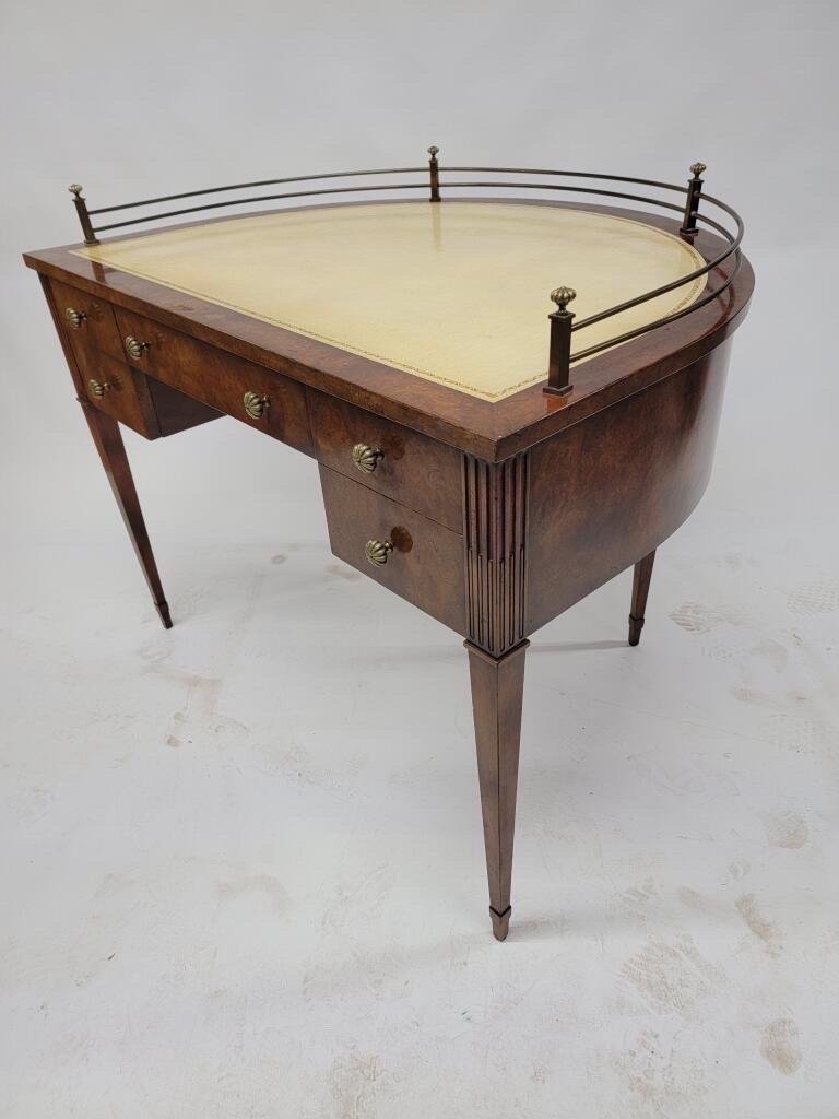 Antique Sheraton Style Burlwood Posted Brass Gallery Crescent Writing Desk For Sale 2