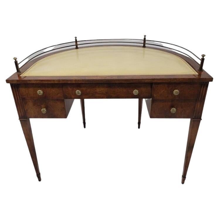 Antique Sheraton Style Burlwood Posted Brass Gallery Crescent Writing Desk For Sale