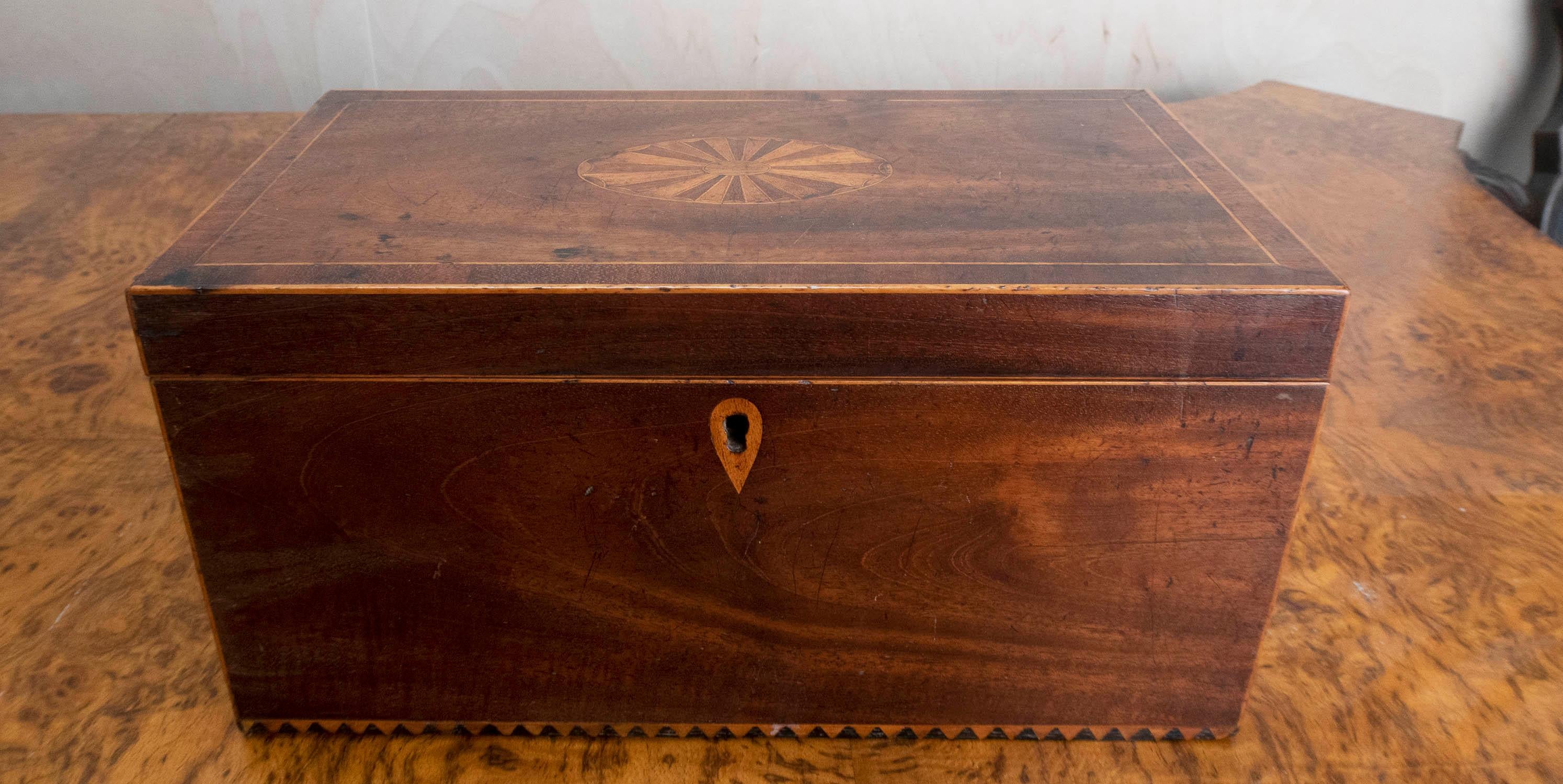 Inlay Antique Sheraton Style Inlaid 3 Compartment Tea Caddy. English C.1780 For Sale