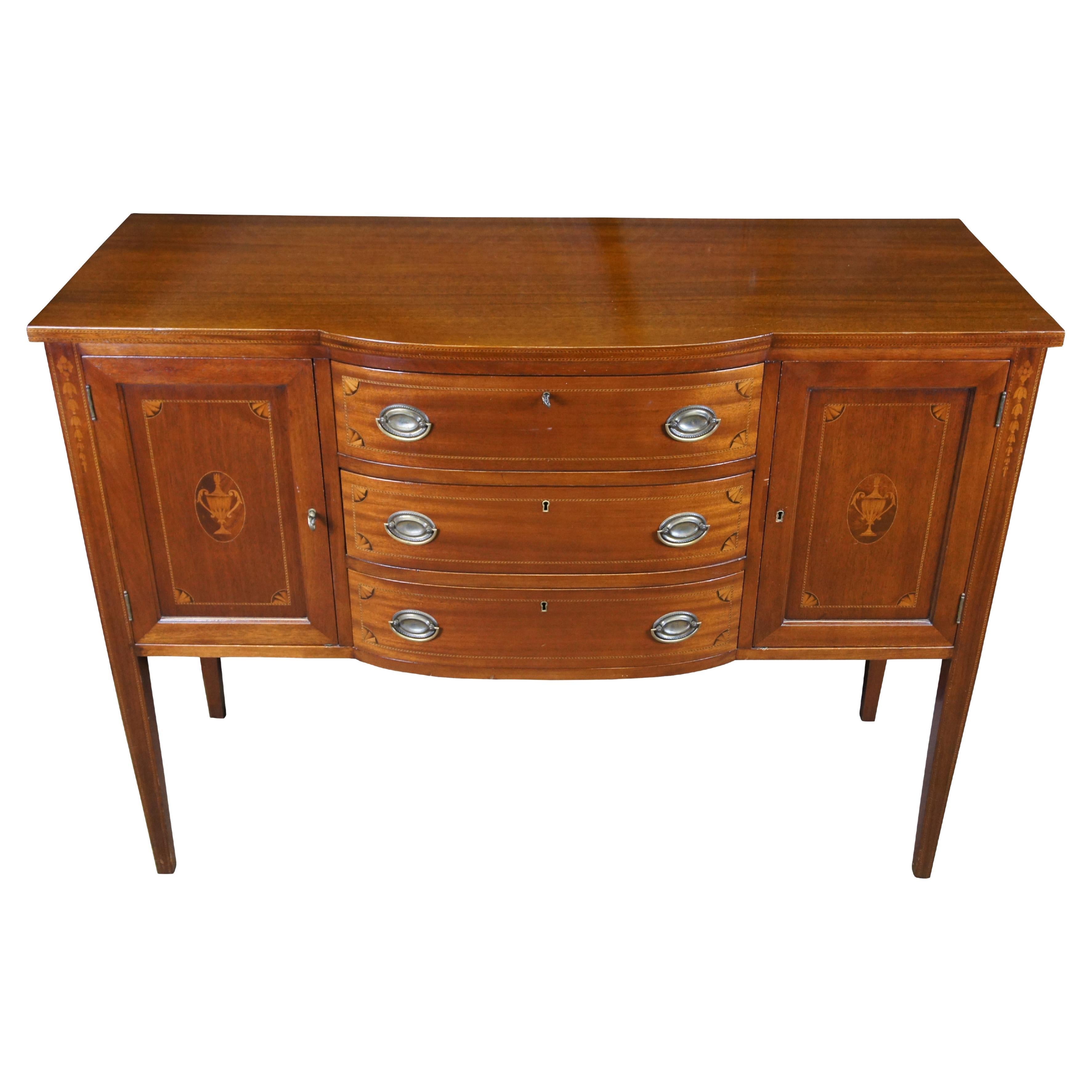 Antique Sheraton Style Mahogany Inlaid Bowfront Buffet Sideboard Console Cabinet