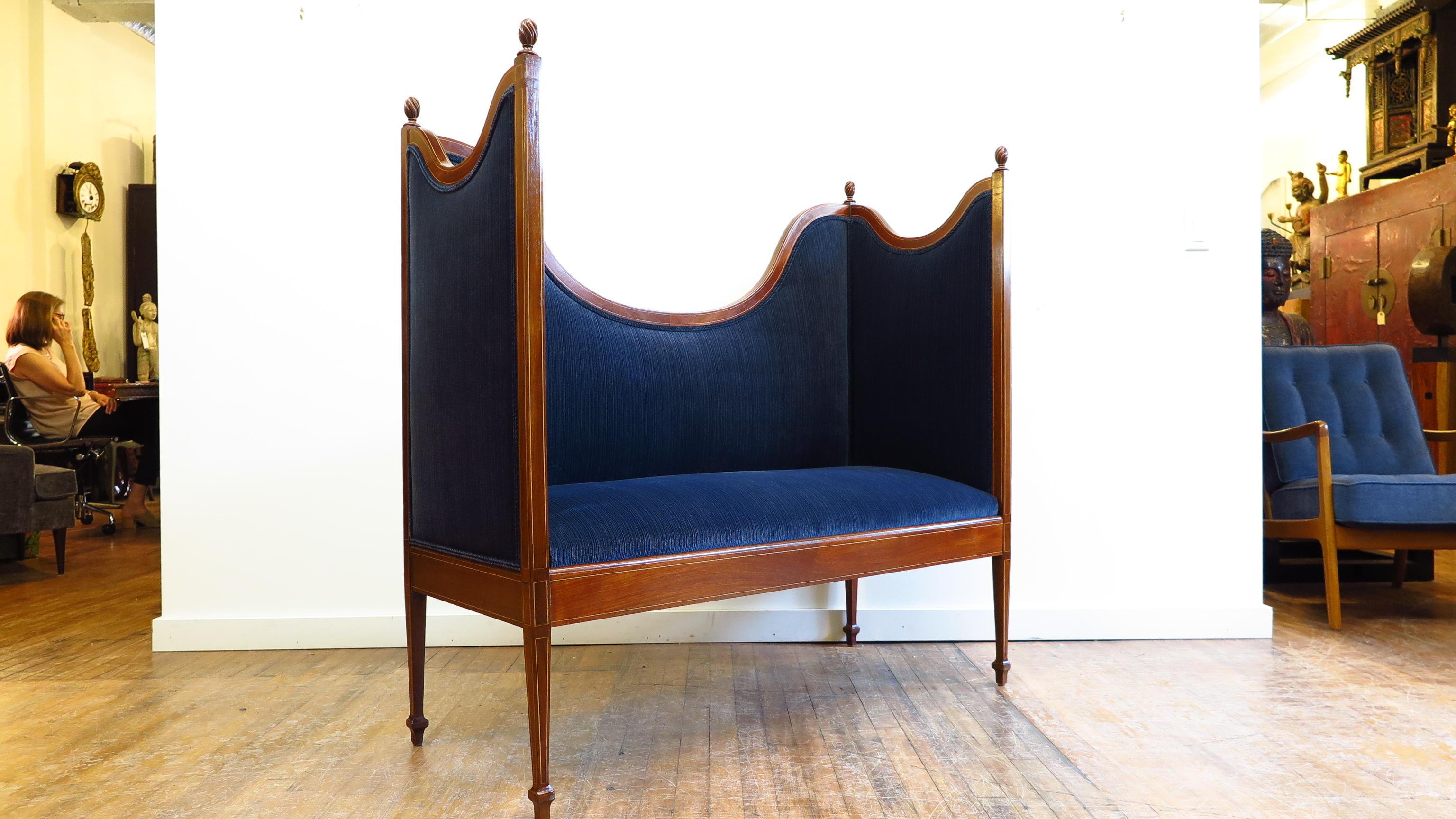 American Sheraton style settee, loveseat, bench, circa 1900. Magnificent Settee that transcends several stylistic influences Neoclassical, classic English, and American Sheraton. Very elegant & refined lines. Mahogany with contrasting string inlay,