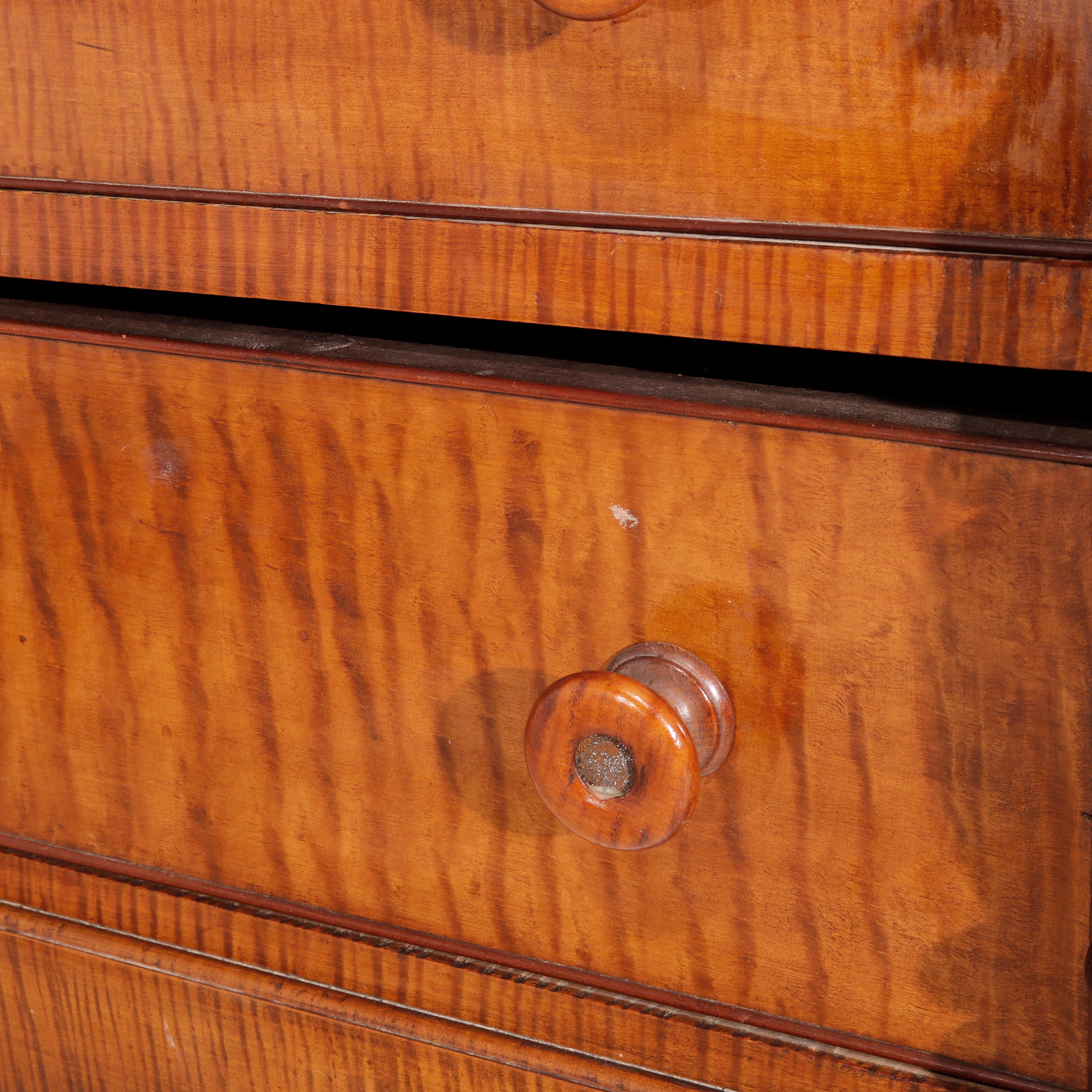 American Antique Sheraton Tiger Maple & Cherry Four Drawer Chest, circa 1840