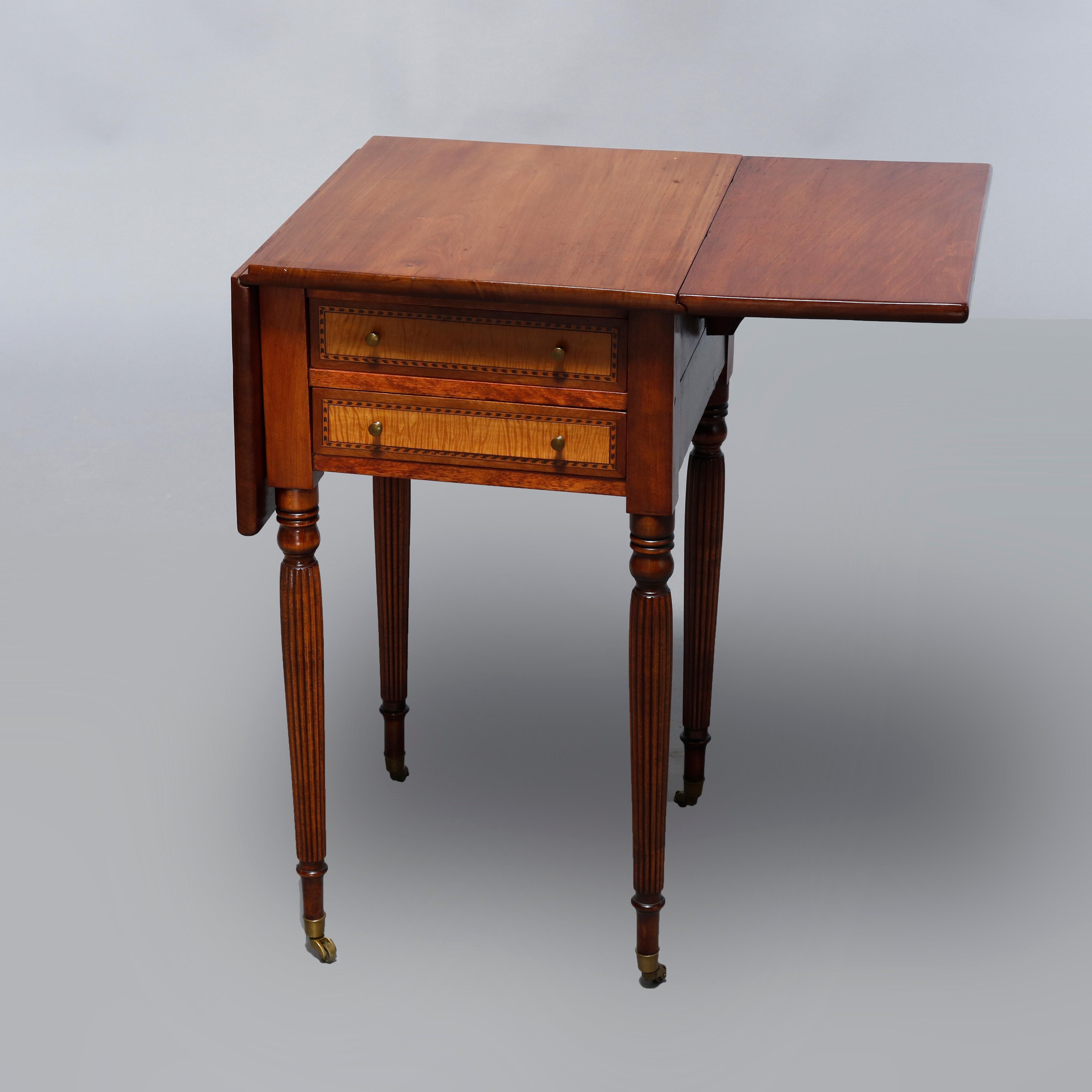 Metal Antique Sheraton Two Drawer Tiger Maple & Cherry Banded Stand, Circa 1830