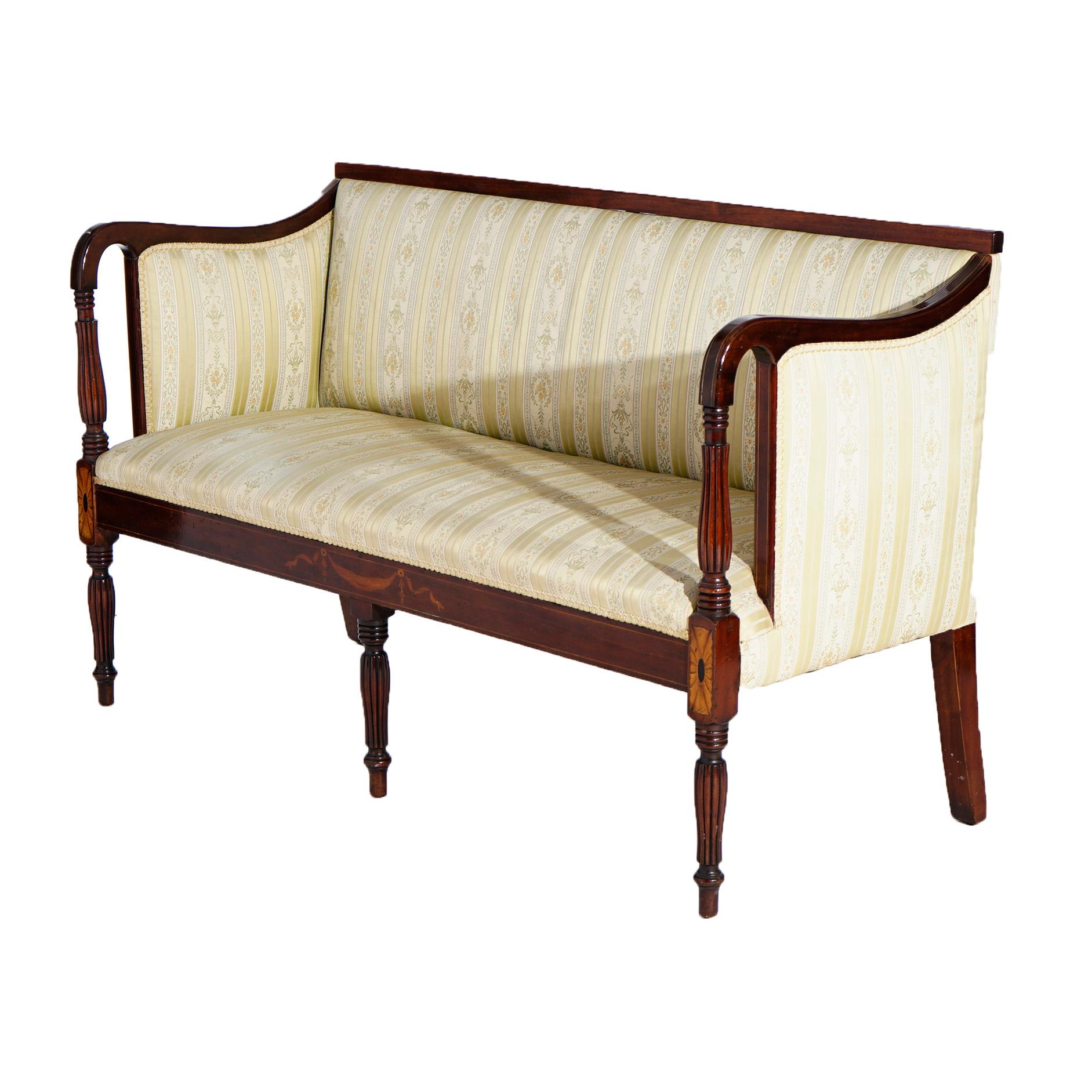 American Antique Sheraton Upholstered Mahogany Settee with Satinwood Swag Inlay 19th C