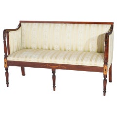Antique Sheraton Upholstered Mahogany Settee with Satinwood Swag Inlay 19th C