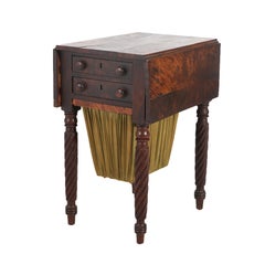 Antique Sheraton Flame Mahogany Two-Drawer Drop-Leaf Sewing Stand & Basket C1830