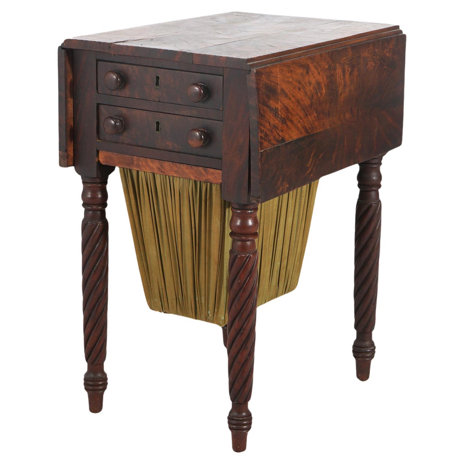 Antique Sheridan Flame Mahogany Two-Drawer Drop-Leaf Sewing Stand & Basket C1830