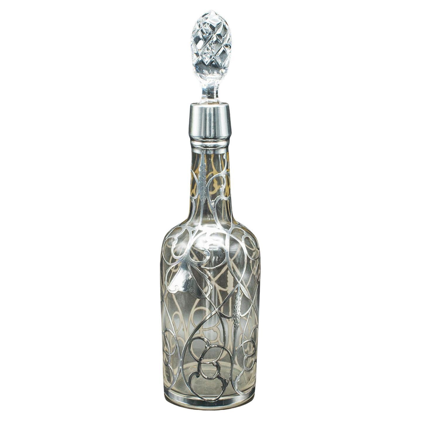 Antique Sherry Decanter, English, Glass, Silver Plate, Spirit Bottle, Edwardian
