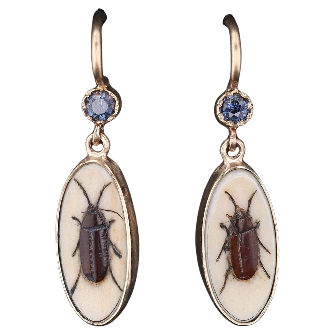Antique Shibayama Insect Conversion Earrings of 14k Gold