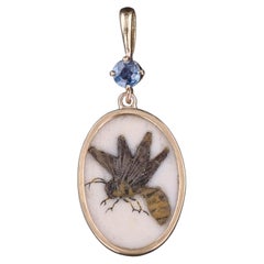 Antique Shibayama Wasp Pendant of 14k Gold and Sapphire