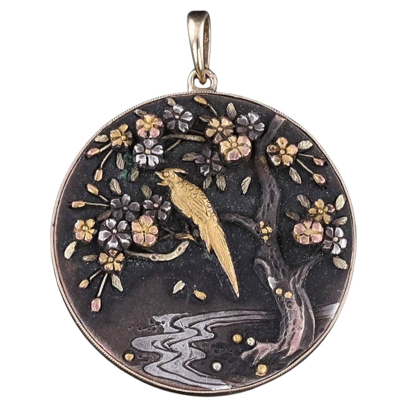 Antique Shibuichi Pendant of 14k Gold