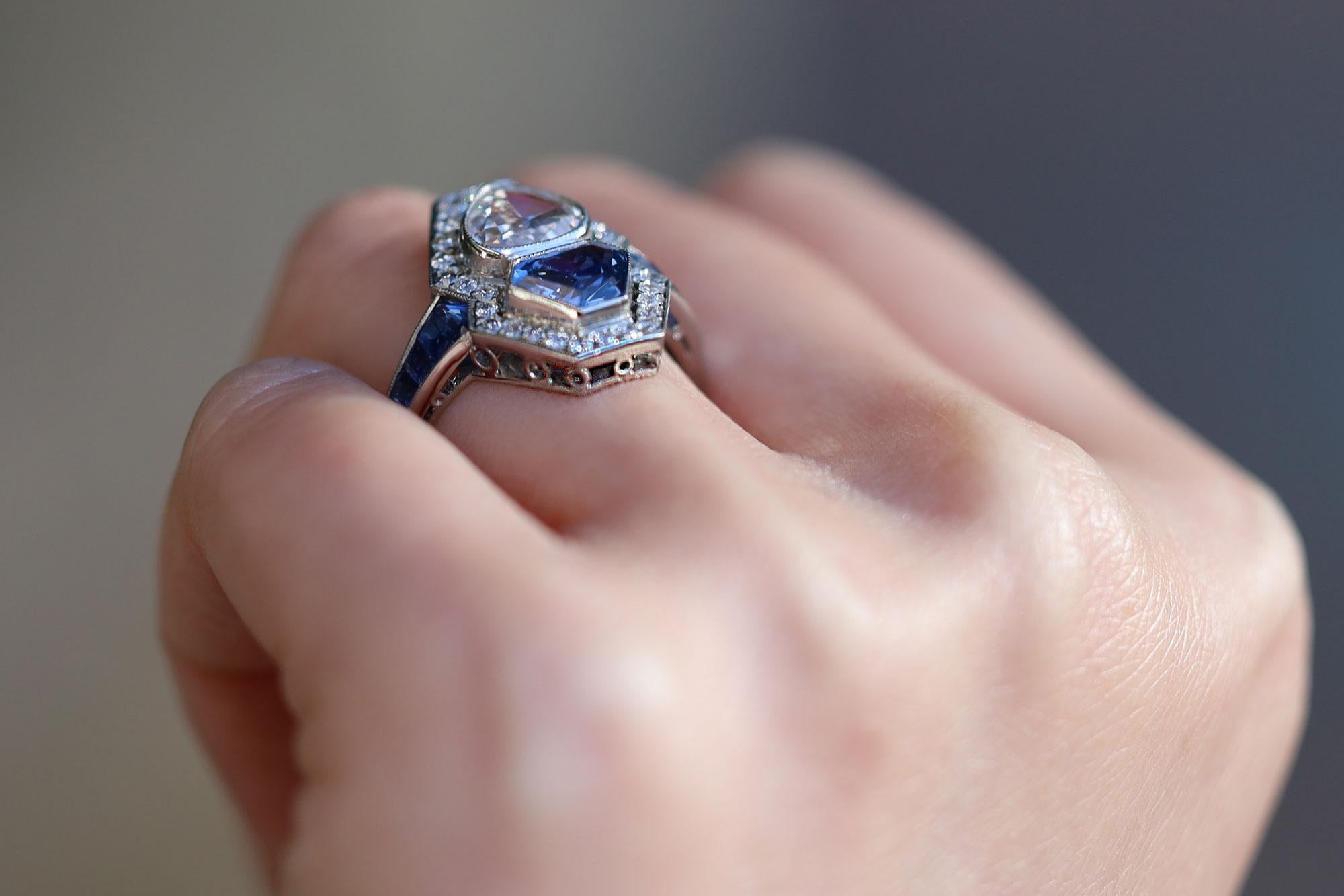 Art Deco Antique Shield Cut Diamond & Sapphire Toi et Moi Engagement Ring For Sale