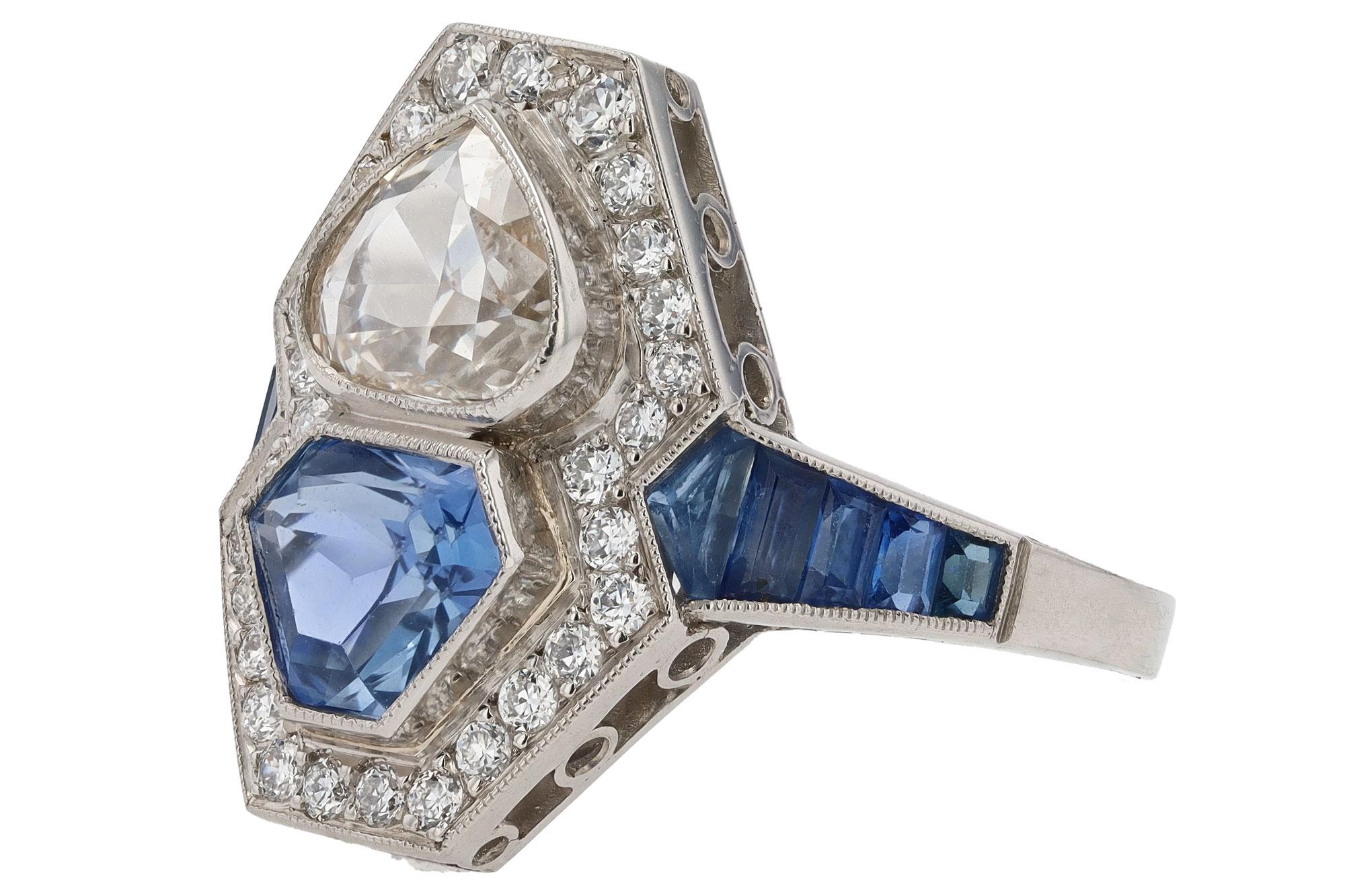 Mixed Cut Antique Shield Cut Diamond & Sapphire Toi et Moi Engagement Ring For Sale