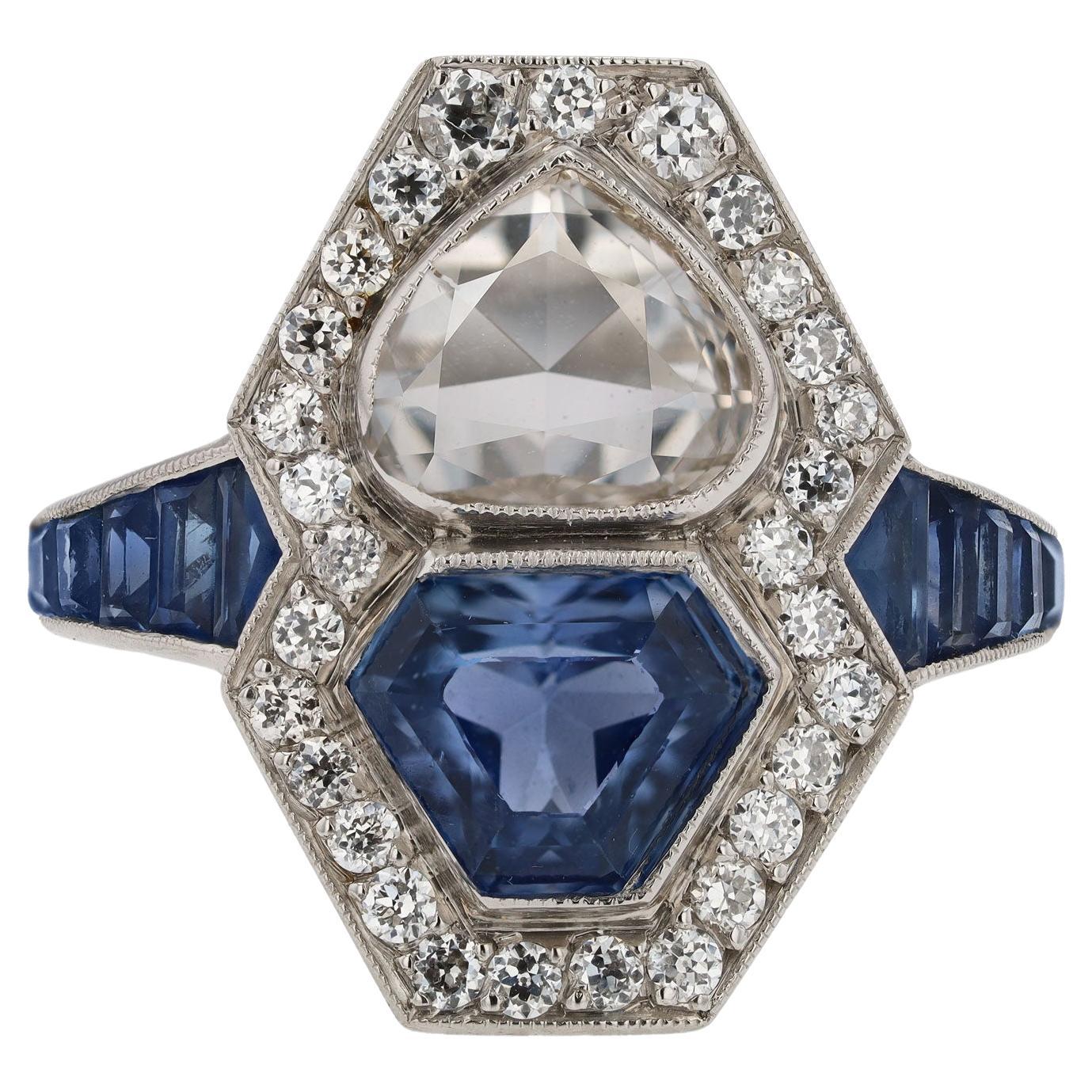 Antique Shield Cut Diamond & Sapphire Toi et Moi Engagement Ring For Sale
