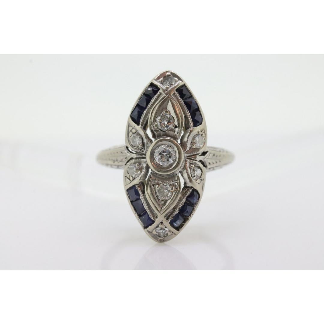 Antique Shield daisy ring. 18k diamond and sapphire shield ring. 18k Art Deco For Sale 6