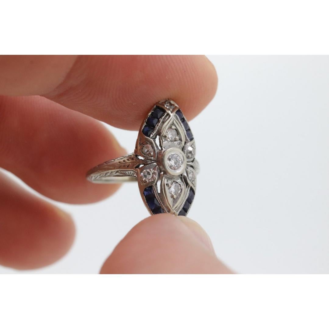 Women's or Men's Antique Shield daisy ring. 18k diamond and sapphire shield ring. 18k Art Deco For Sale