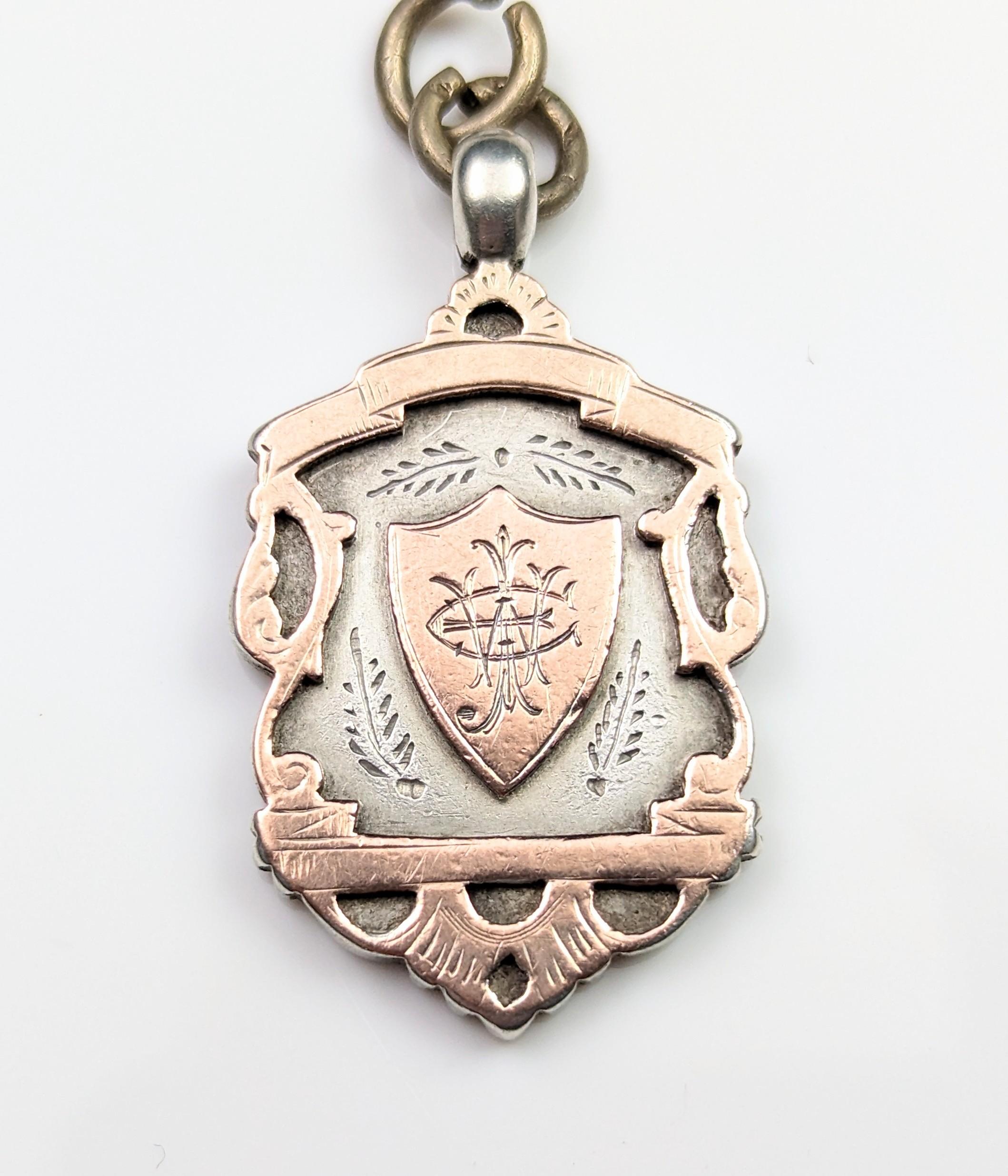 Antique shield fob pendant,  silver and 9k rose gold, Edwardian  6