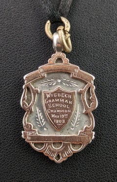 Antique shield fob pendant,  silver and 9k rose gold, Edwardian