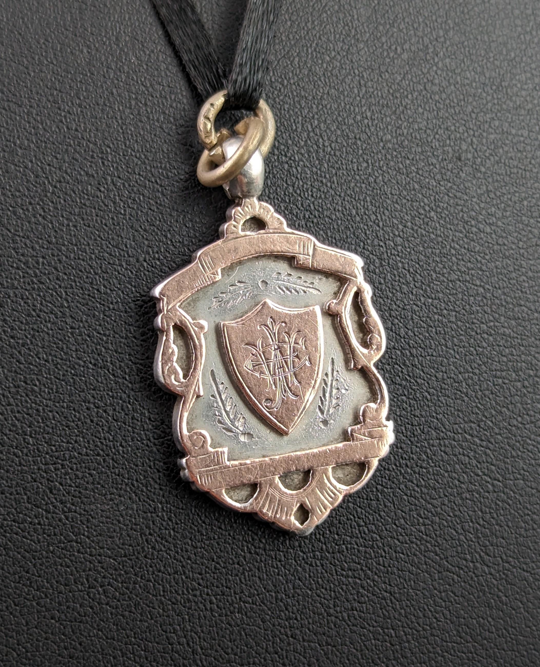 Women's or Men's Antique shield fob pendant,  silver and 9k rose gold, Edwardian 