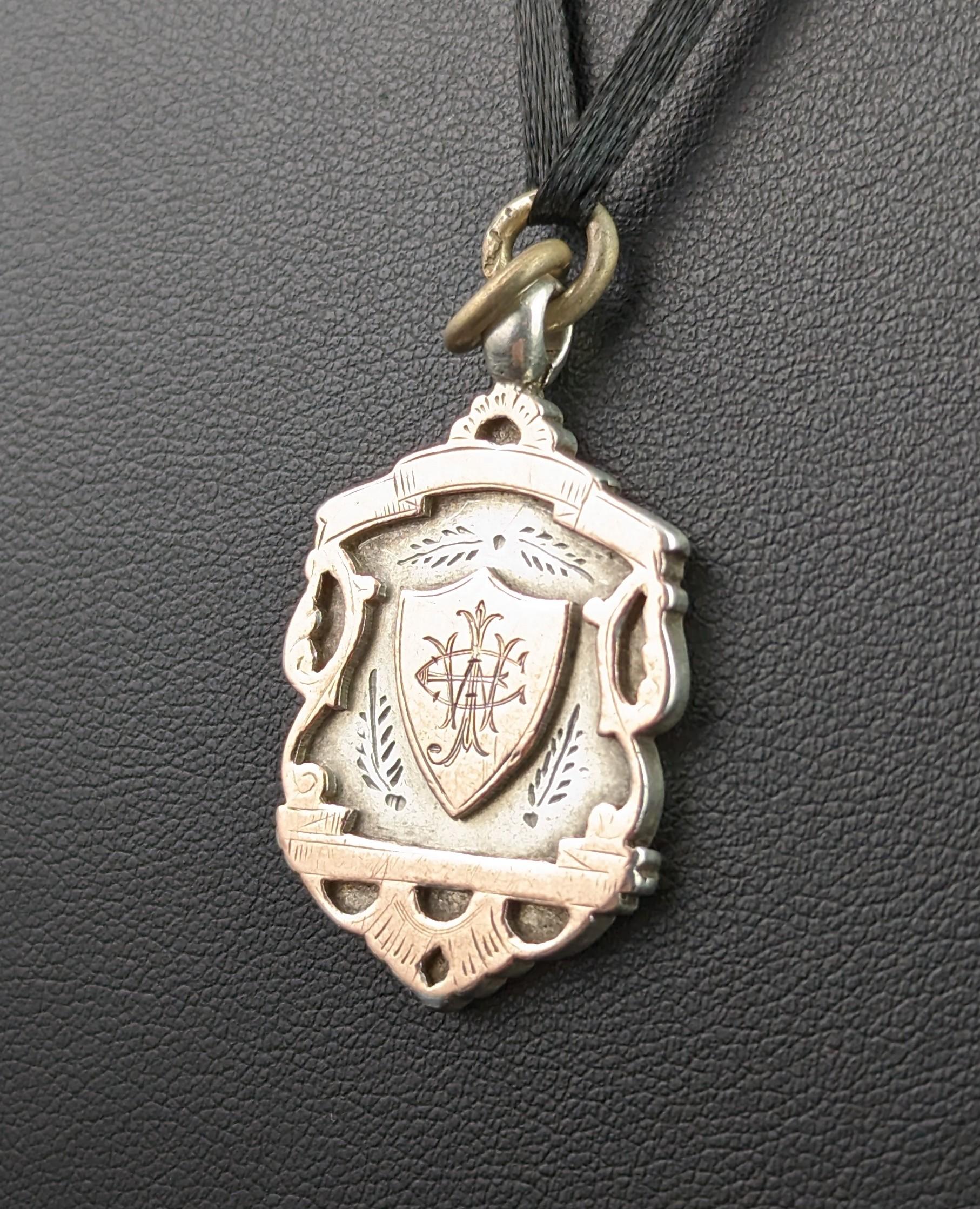 Antique shield fob pendant,  silver and 9k rose gold, Edwardian  3