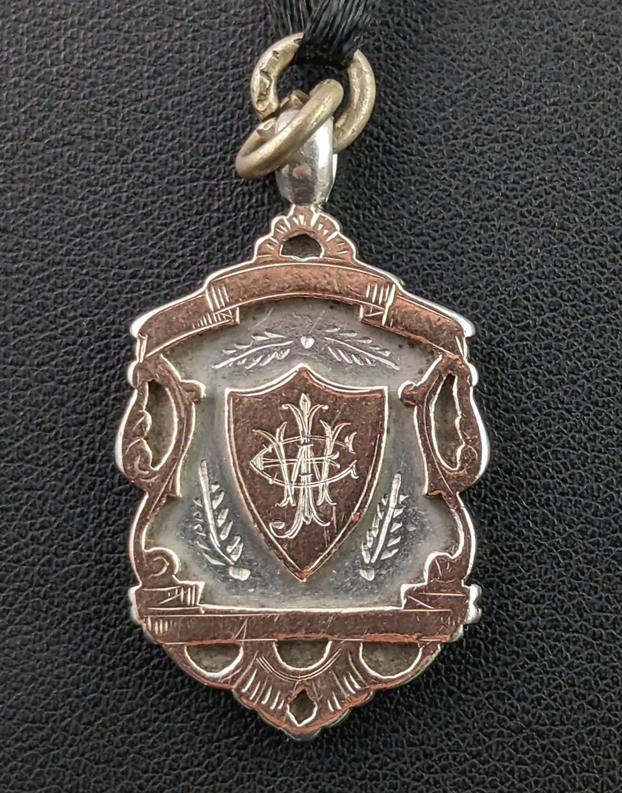 Antique shield fob pendant,  silver and 9k rose gold, Edwardian  4