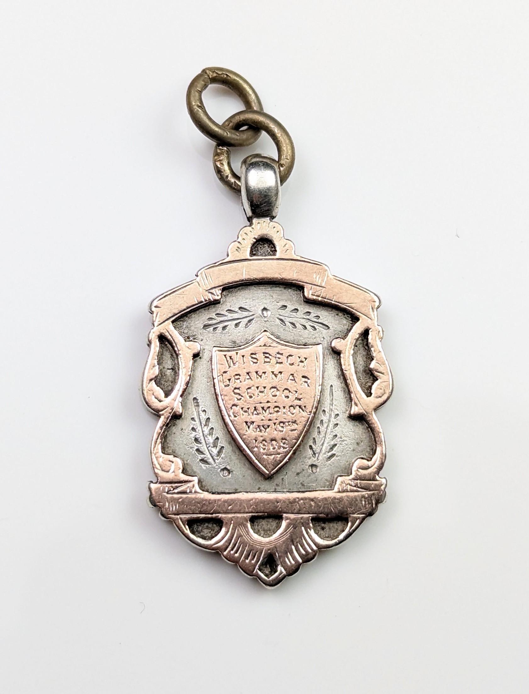 Antique shield fob pendant,  silver and 9k rose gold, Edwardian  5