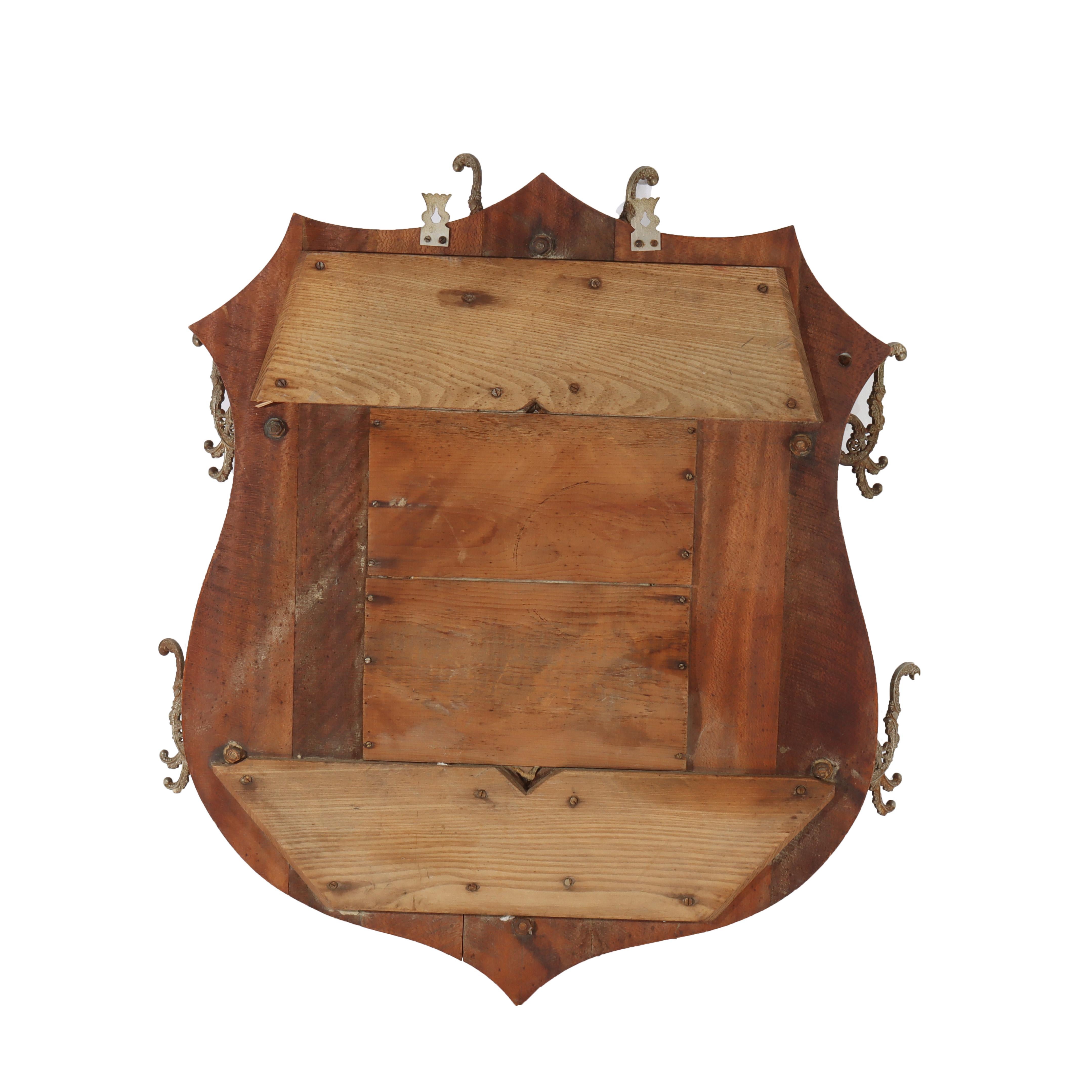 Antique Shield Form Walnut Mirrored Hat Rack With Six Hooks c1890
Measures - 36 1/2