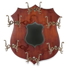 Antique Shield Form Walnut Mirrored Hat Rack With Six Hooks c1890 Antique Shield Form Walnut Mirrored Hat Rack With Six Hooks c1890