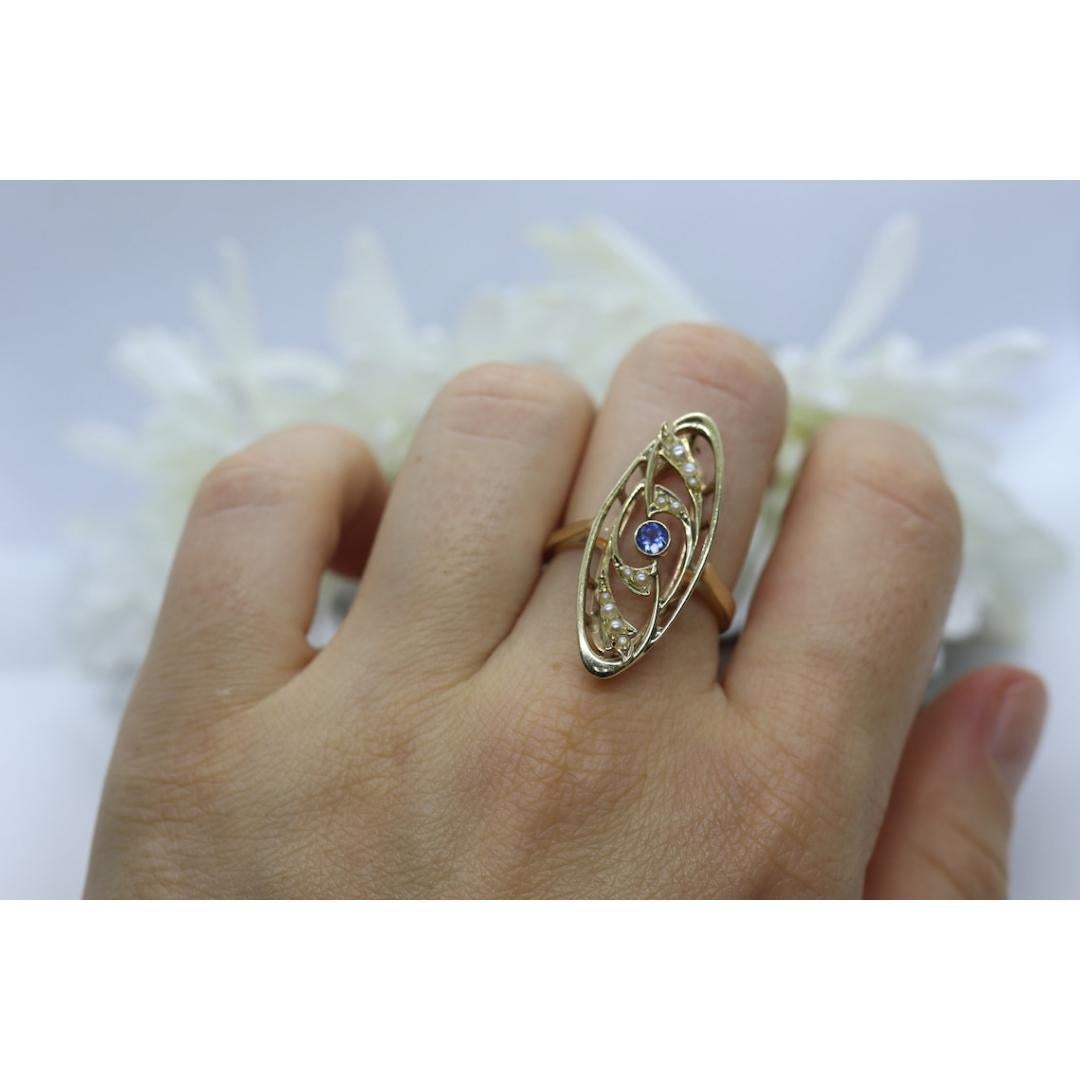 Antique shield ring. Sapphire pearl seed. 14k Filigree Open scroll ring. For Sale 6