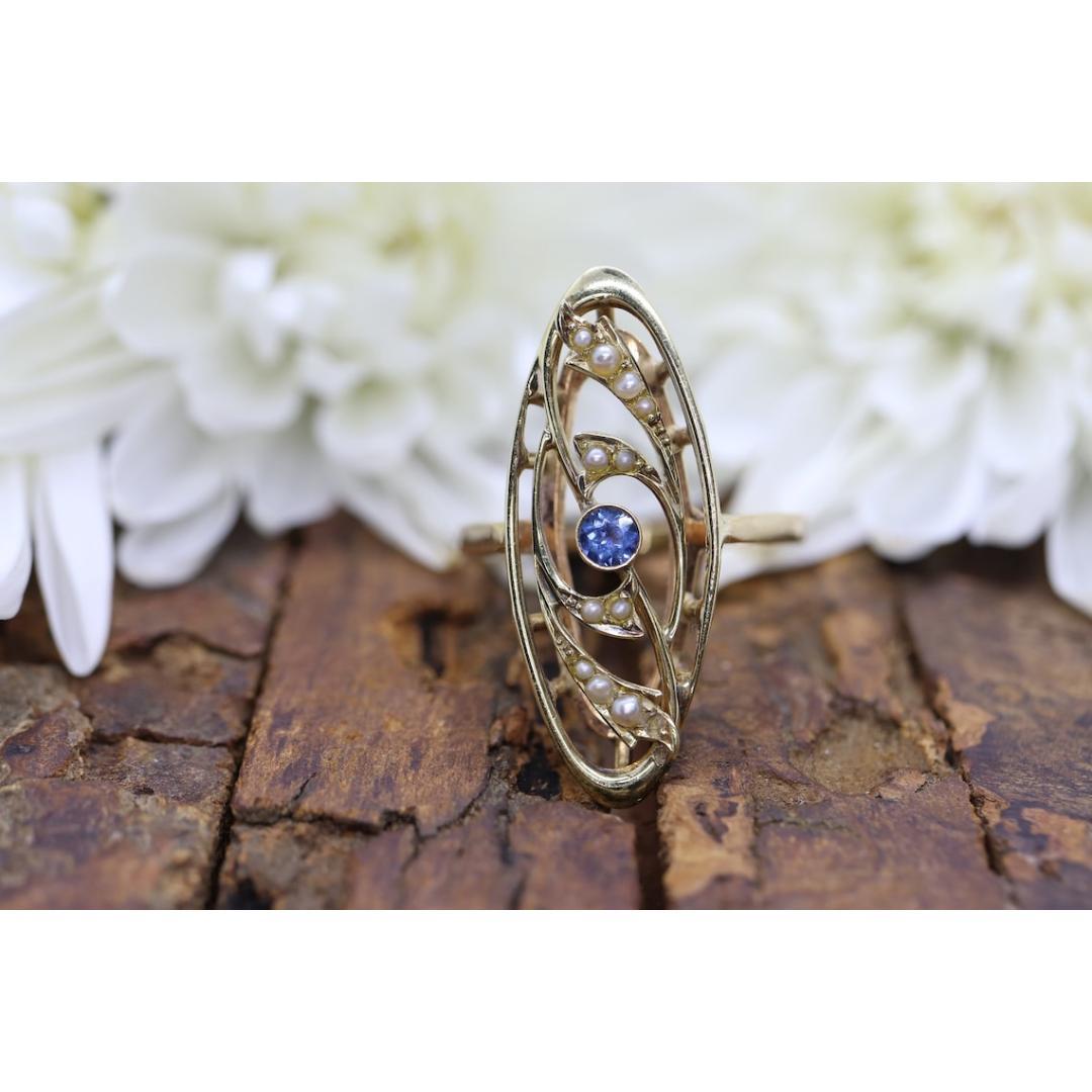 Women's Antique shield ring. Sapphire pearl seed. 14k Filigree Open scroll ring. For Sale