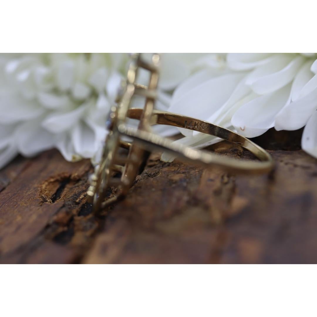 Antique shield ring. Sapphire pearl seed. 14k Filigree Open scroll ring. For Sale 1