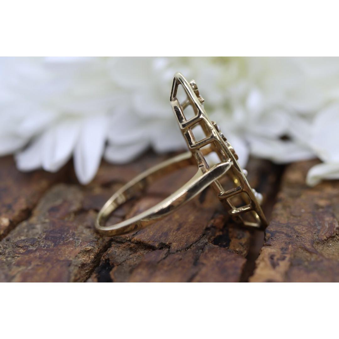 Antique shield ring. Sapphire pearl seed. 14k Filigree Open scroll ring. For Sale 2