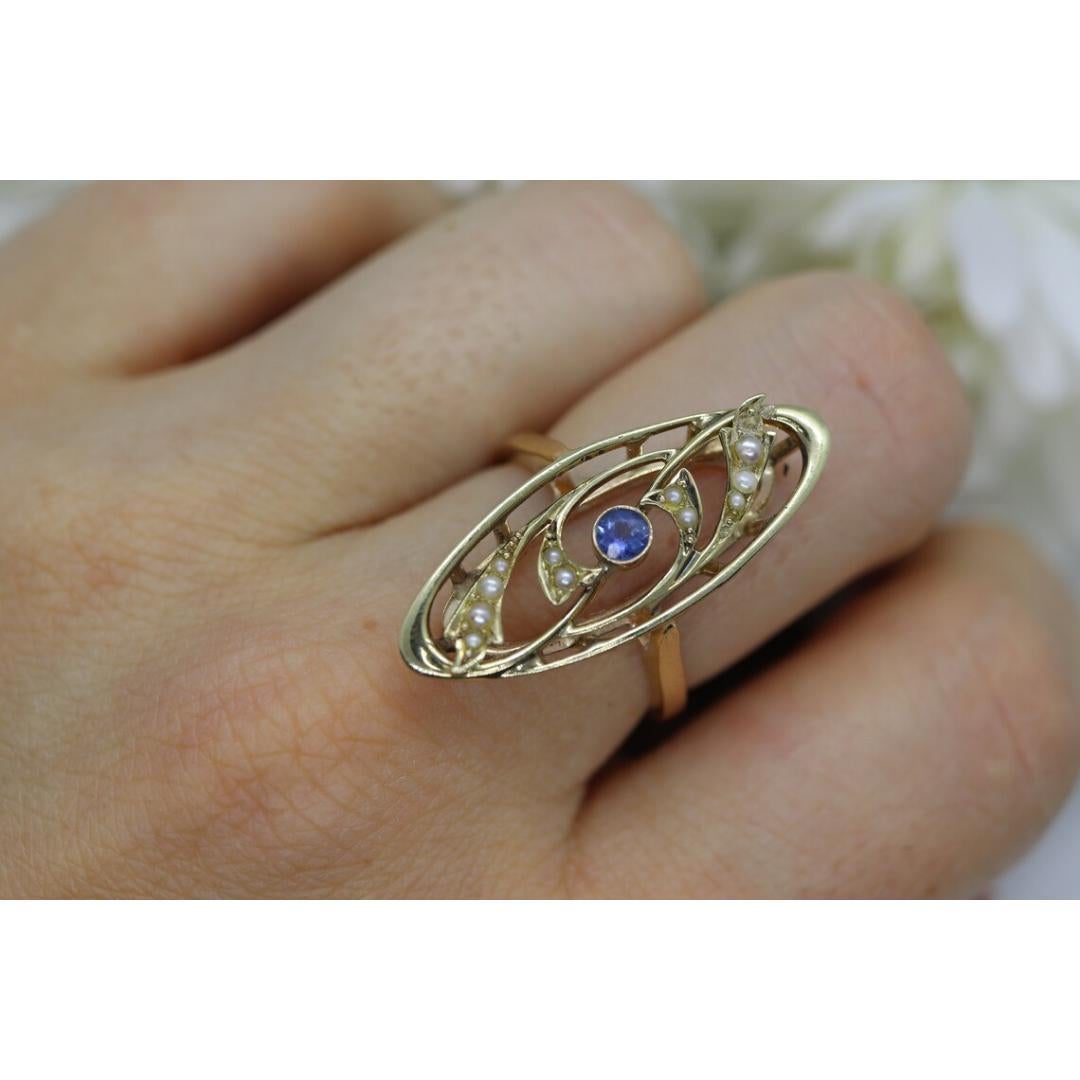 Antique shield ring. Sapphire pearl seed. 14k Filigree Open scroll ring. For Sale 3