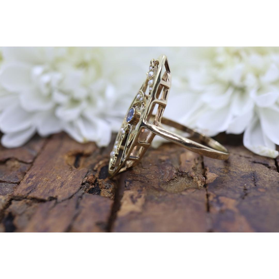 Antique shield ring. Sapphire pearl seed. 14k Filigree Open scroll ring. For Sale 5